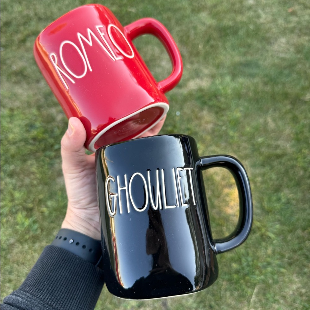 Rae Dunn Romeo and Ghoulet Matching Mug Set Black & Red Glazed Ceramic
